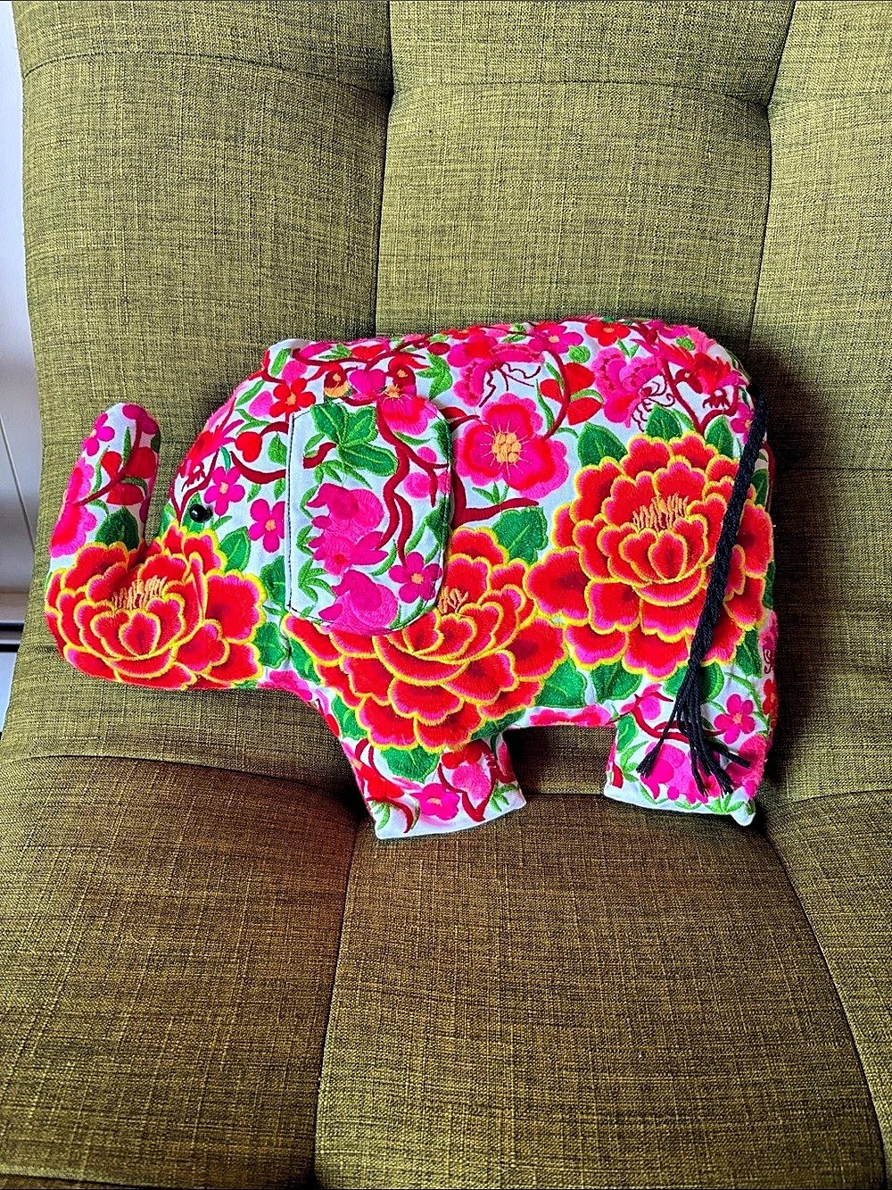 Bohemian Hmong Embroidered Elephant Accent Pillow
